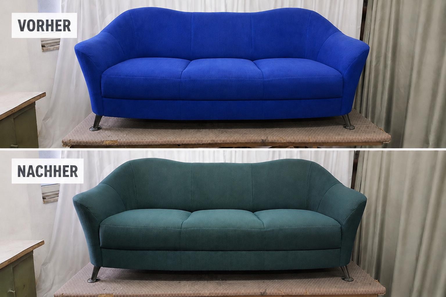 Vorher-Nachher: professionell aufgearbeitetes und neu bezogenes Sofa